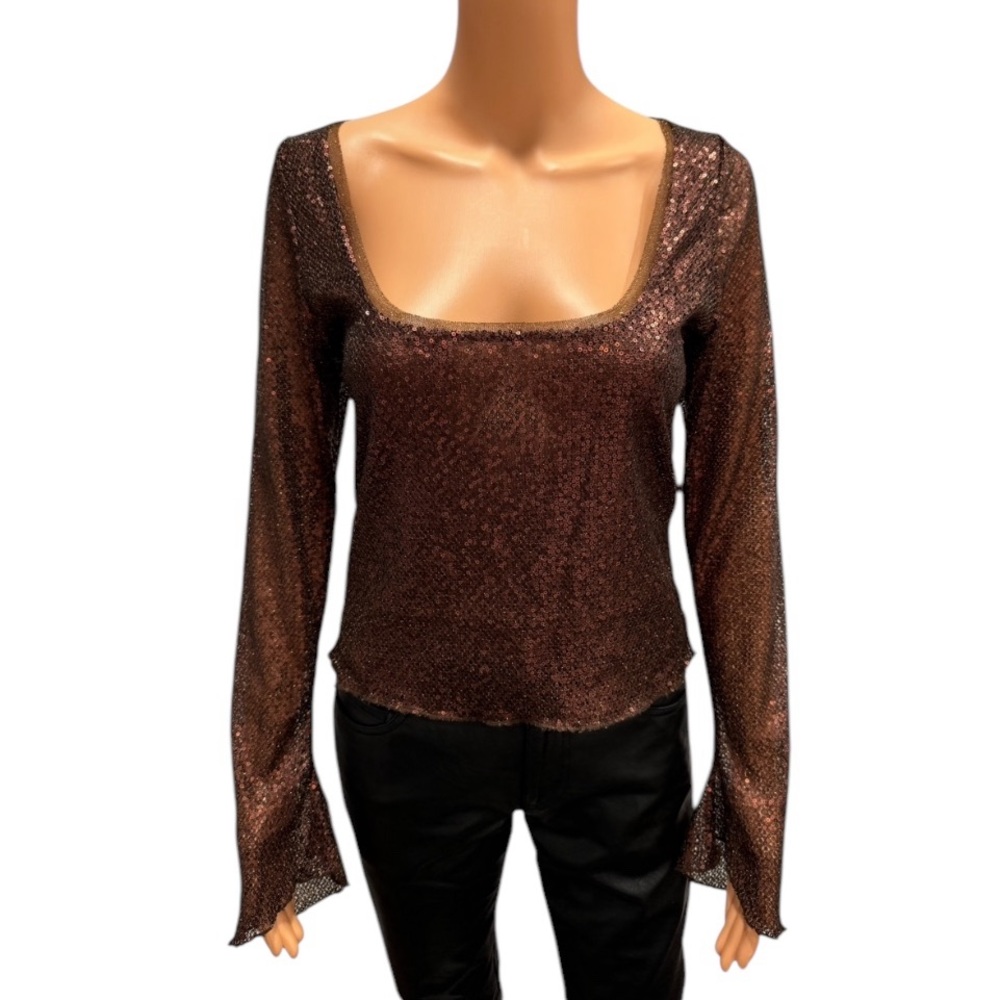 NWOT FREE PEOPLE Intimately Sequin Sparkly Long Sleeve Mocha Brown Blouse XS